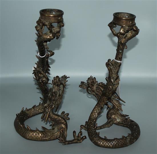 Pair of Meiji period cast bronze dragon candlesticks
